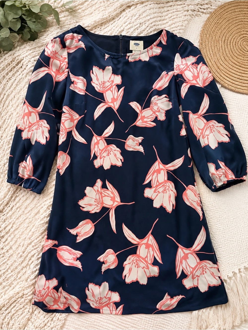 Old Navy Navy Dress with Coral Floral Print